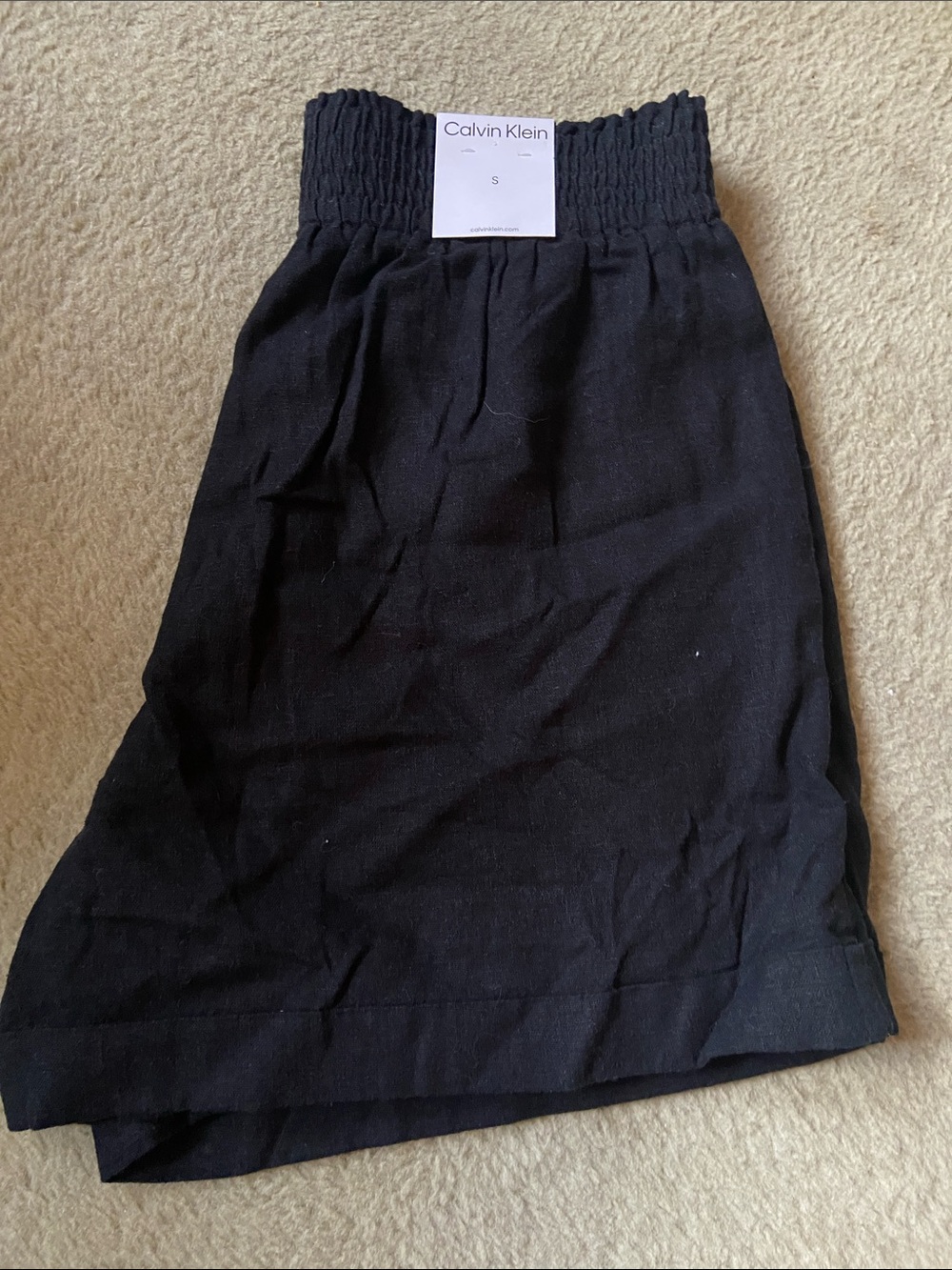 Calvin Klein Black linen shorts with Smocked Waist
